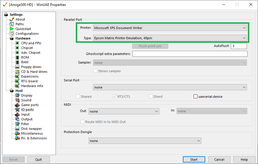 WinUAE printer setup